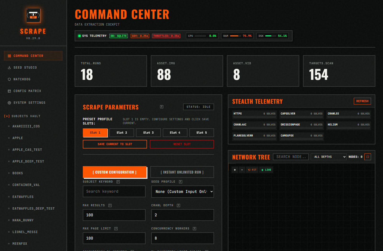 scrAPE Command Center Overview showing Scrape Parameters, Stealth Telemetry, and Network Tree