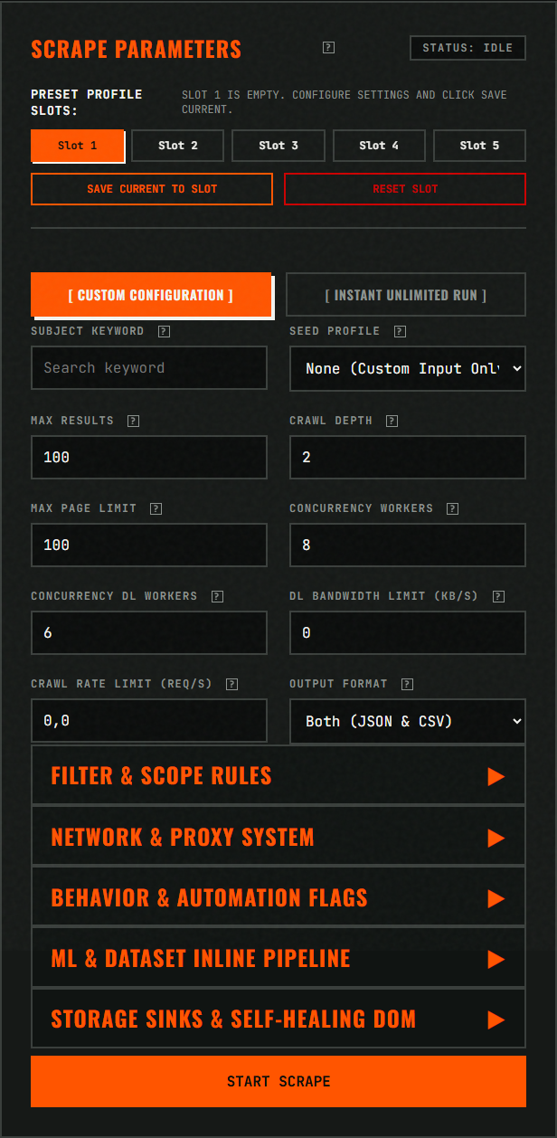 Scrape Parameters Form with collapsible configuration accordions